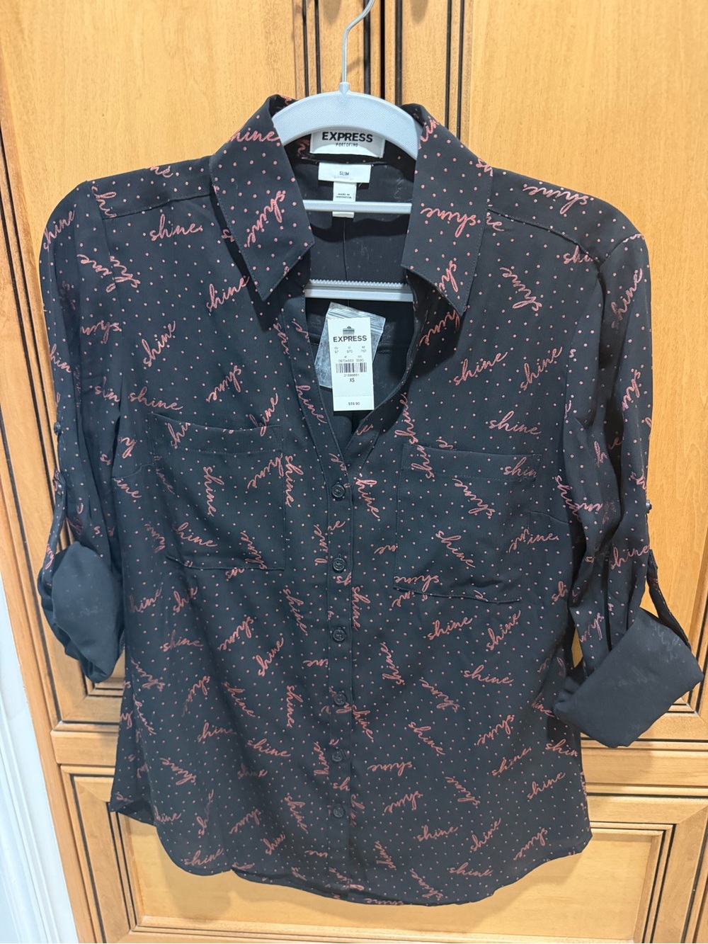 Express Black Button-Up Shirt with Pink Script Accents